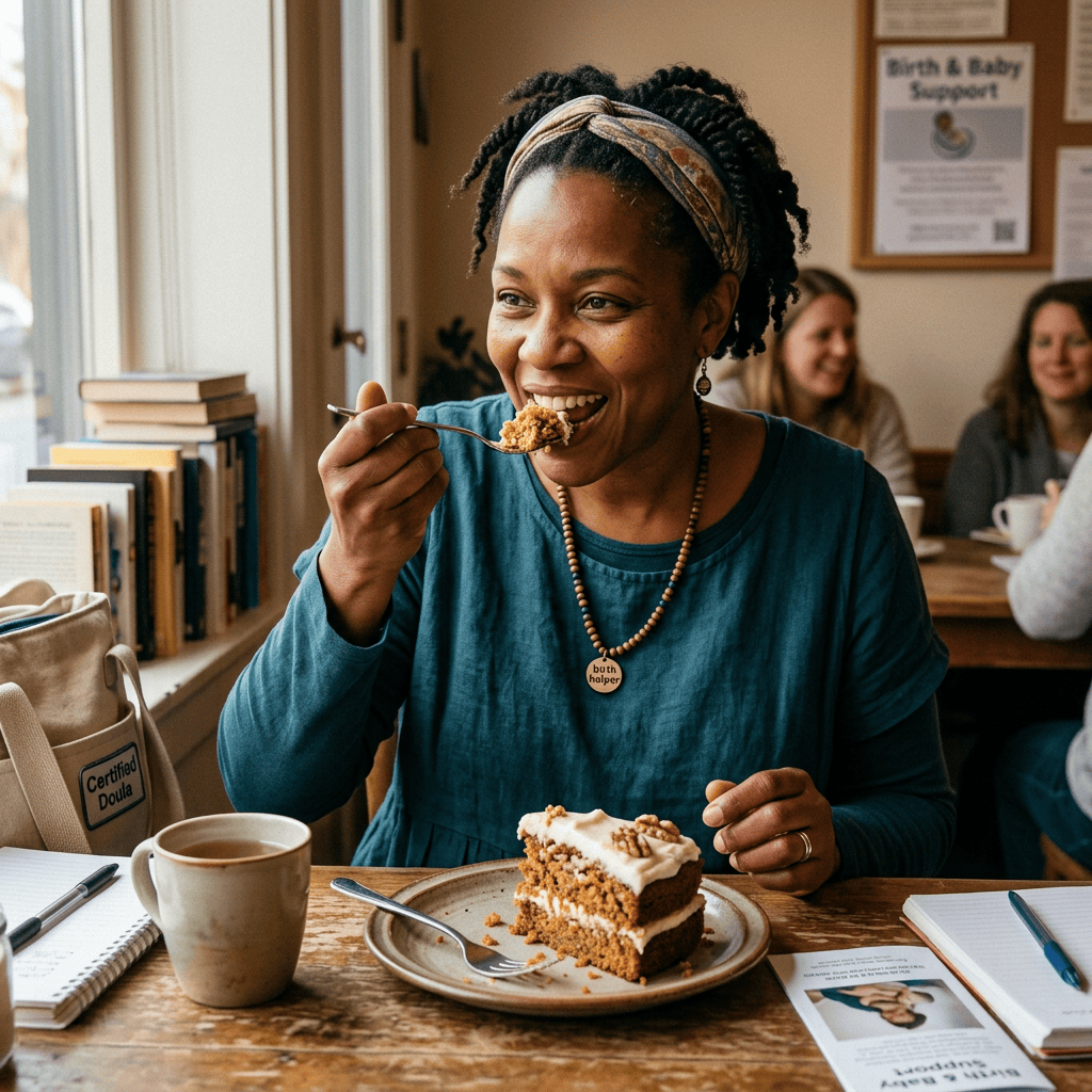 Doula eating cake at a birth and baby support gathering